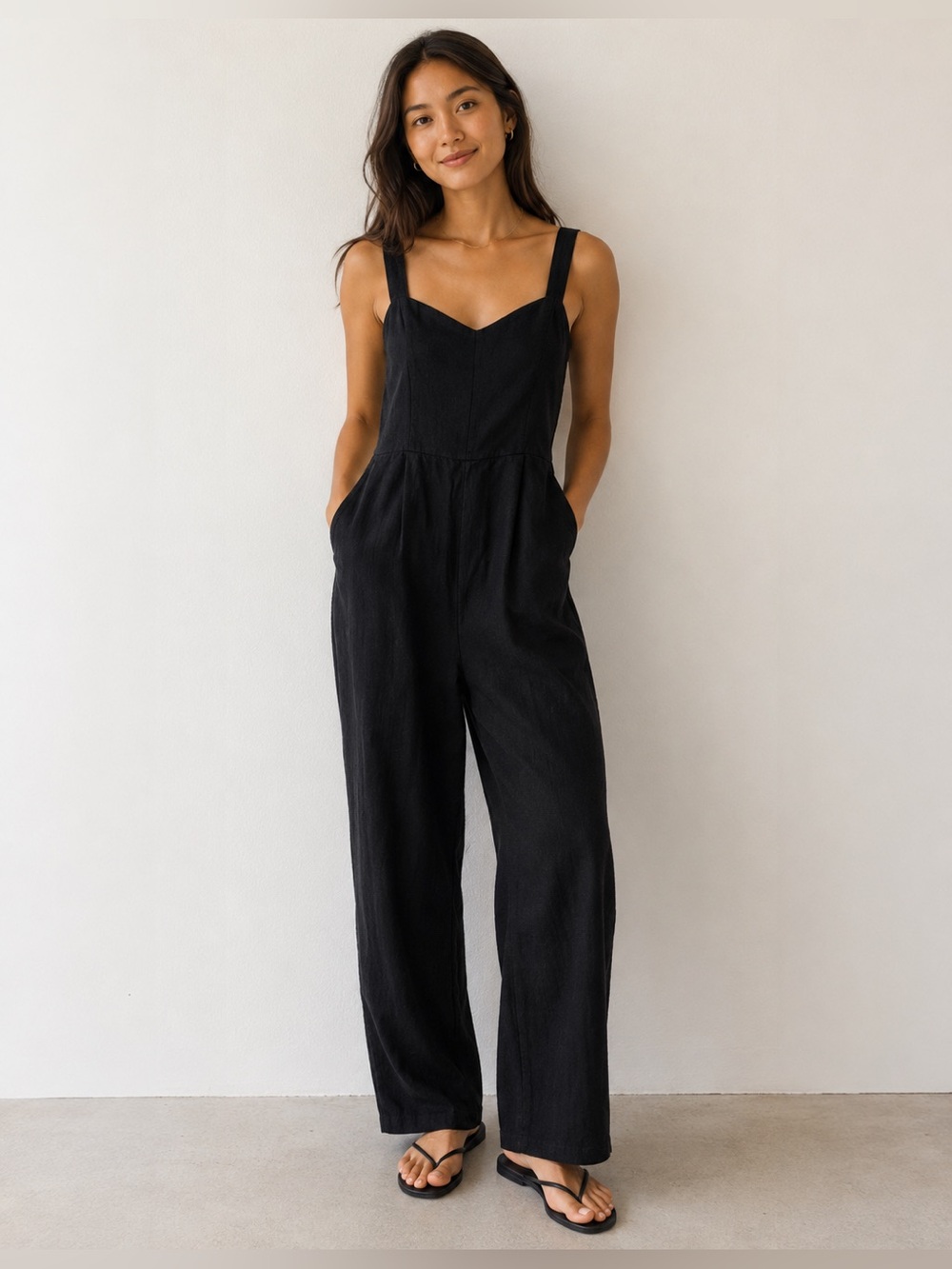 Black Linen Blend Wide Leg Jumpsuit Women's Minimalist Lagenlook Size M Comfort